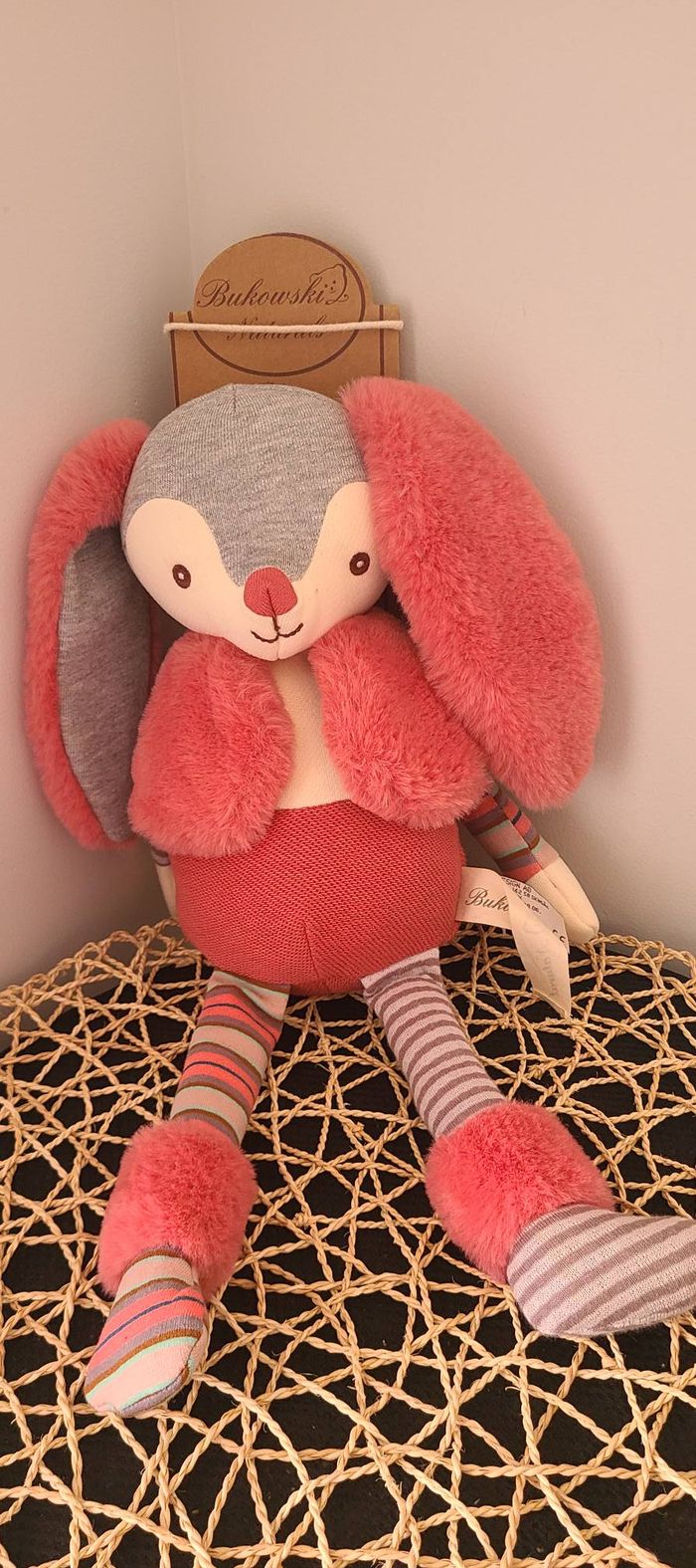 Doudou Lapin Natural rose gris blanc gilet BUKOWSKI - photo numéro 5