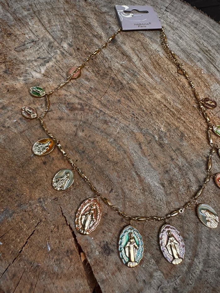 Collier réglable acier inoxydable or médaille vierge couleurs habaha Paris - photo numéro 4