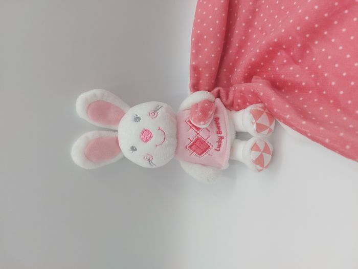 Doudou peluche lapin blanc rose SHIMA Lucky Bunny mouchoir pois carreaux TTBE - photo numéro 2