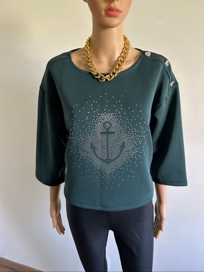 Pull sweat vert foncé neuf avec strass Naf Naf taille L