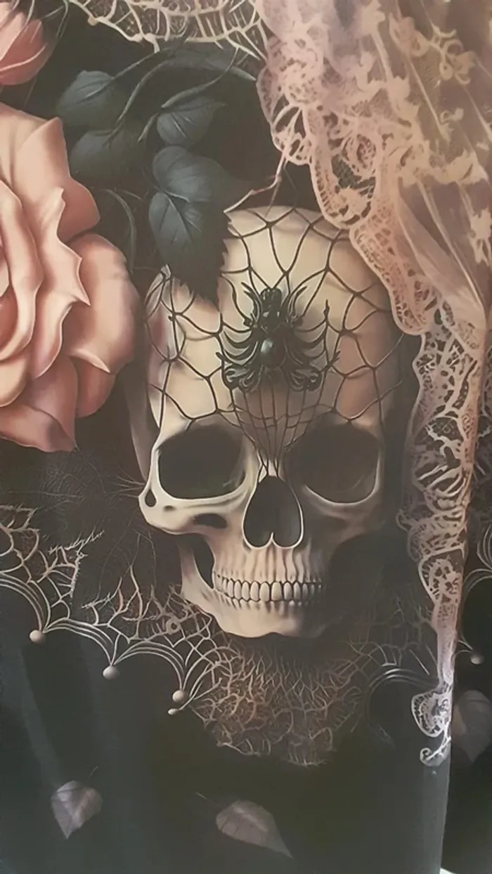 T-shirt imprimé femme, style Gothique, tête de mort avec fleurs roses, XXL - 46 - photo numéro 2