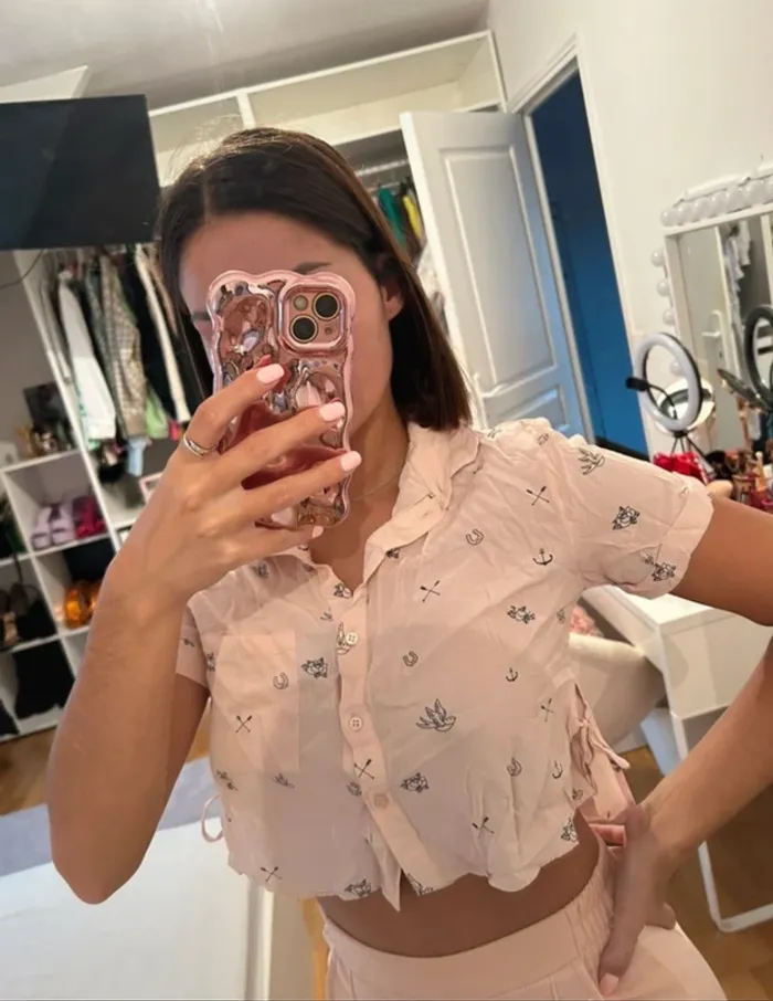 Blouse manches courtes, rose et noir, Bershka, XS