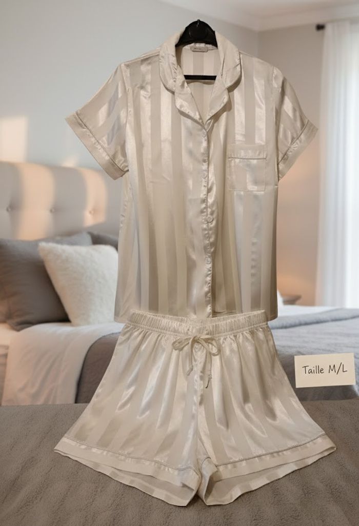 Pyjama satin rayé blanc écru - Style Chic & Confort Doux (Taille M/L) - photo numéro 2