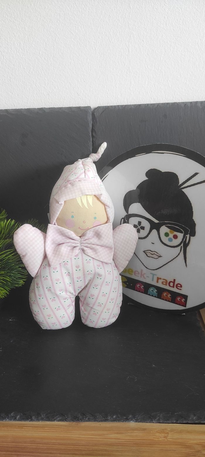 Doudou Poupée Chiffon Noeud Vichy Cœur Rose Vert Grelot Vintage Corolle Fleur