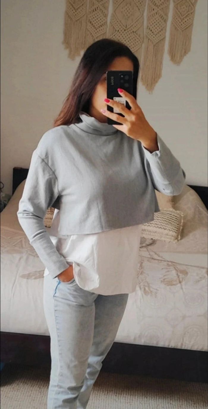 Pull chemise Zara trafaluc M gris blanc