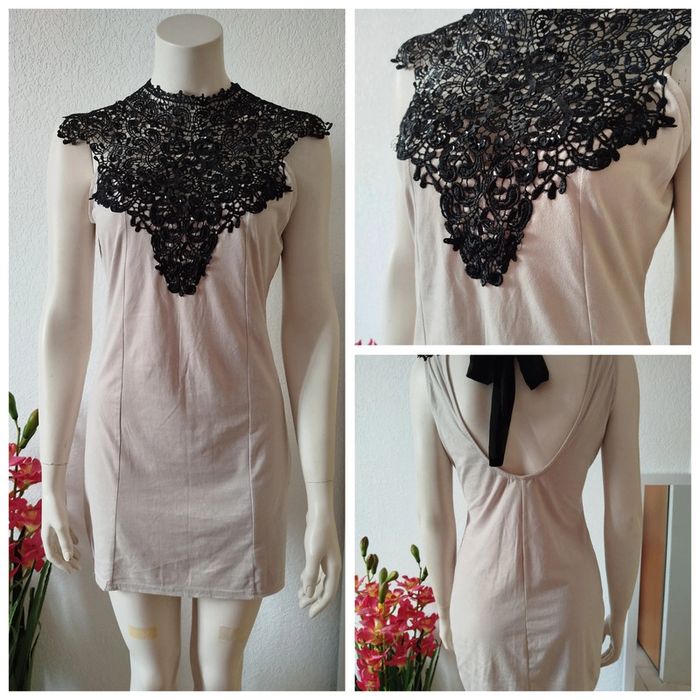 Robe lipsy nude courte dentelle noire daim sequins sexy