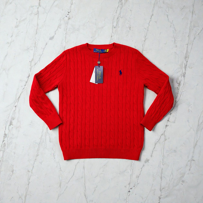 Pull Ralph Lauren rouge col rond torsadé logo brodé noir taille M - photo numéro 2