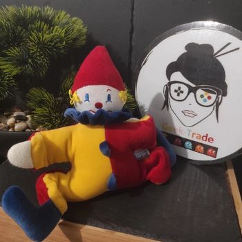 doudou clown sucre d'orge jaune rouge bleu blanc grelot colerette bouton Vintage