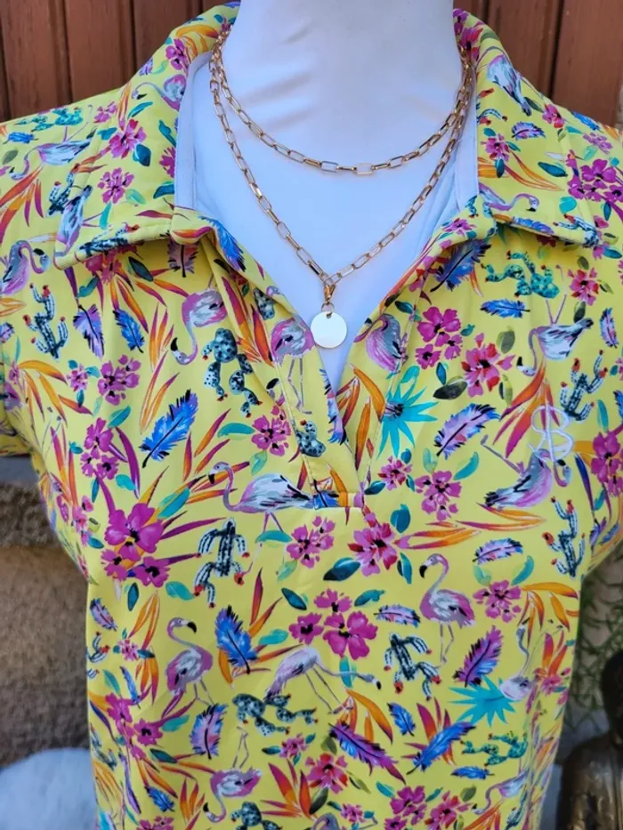 T-shirt polo golf fleuri flamand rose jaune multicolore chiberta taille 42 - photo numéro 3