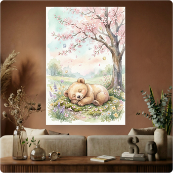 Affiche murale "Ourson Printemps" poster animal fleurs cerisier déco A3 Sans cadre