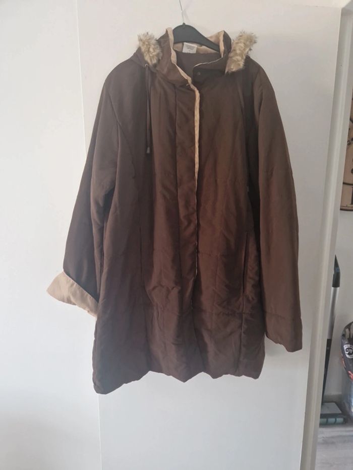 Veste parka femme à capuche fausse fourrure marron beige T46-48 TBE Anne de Lançay