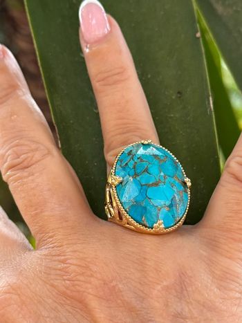Grosse bague habaha Paris acier inoxydable or travaillées réglable grosse pierre turquoise