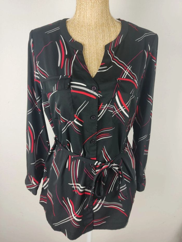 Blouse manches longues boutonnée noire motifs graphiques ceinture à nouer taille 44 Damart