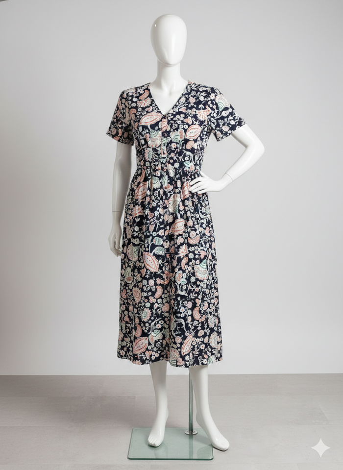 robe fluide imprimée marine manches courtes Taille S doublée boutonnée devant Akoz Neuve