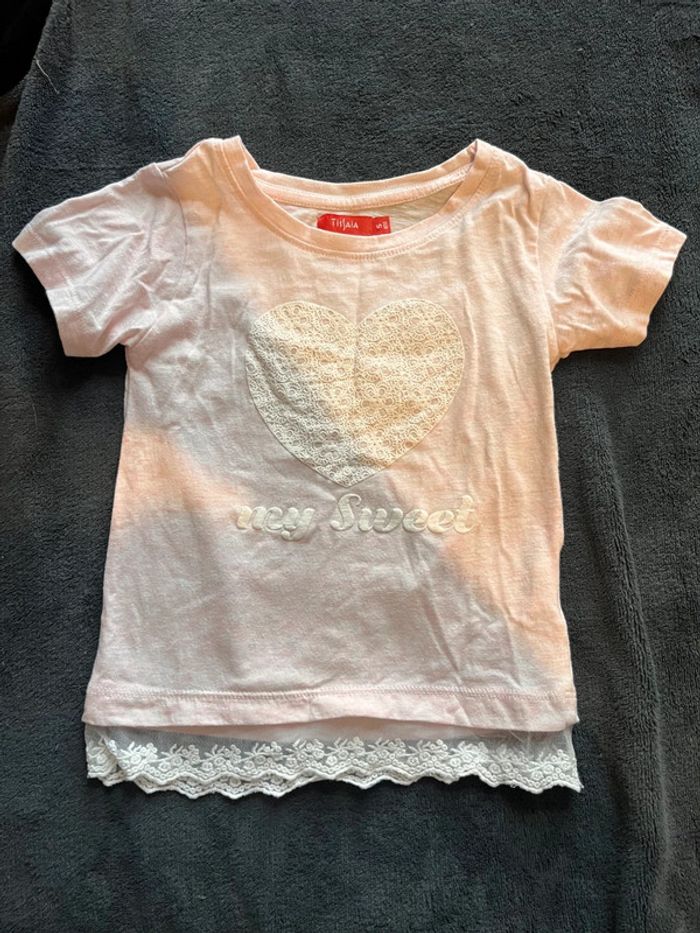 T-shirt fille 5ans tissaia rose dentelle blanche