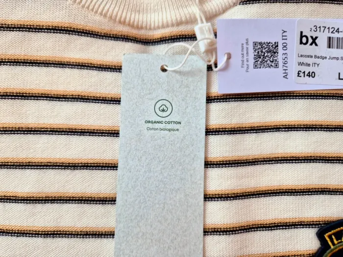 Pull "Lacoste" Blanc à rayures Taille XL neuf sous blister 100 % coton organique. - photo numéro 8