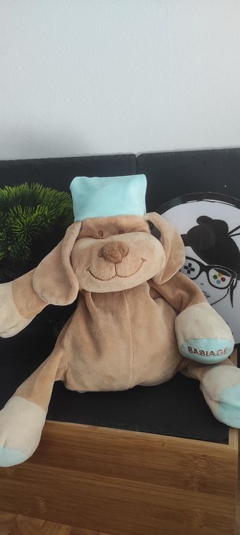 doudou peluche marionnette babiage cjien marron beige bonnet bleu turquoise ancien