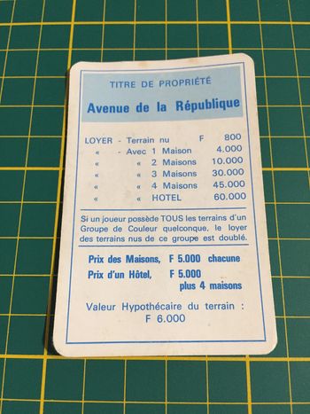 Carte Avenue de la République pièce détachée Monopoly Miro Parker company #A63