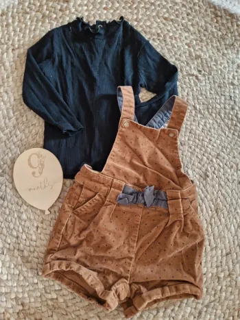 Ensemble t-shirt noir et salopette velours marron obaïbi bébé fille 9 mois