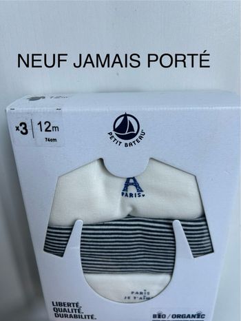 Coffret de Bodies NEUF Petit Bateau 12 mois manches longues  100% coton bio 