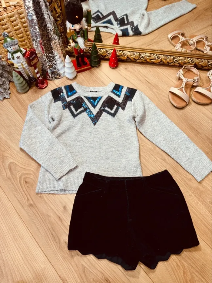 Taille 8 ans tenue 2 pièces fête fille Okaïdi Kiabi gris bleu marine * scintillant * 🎄