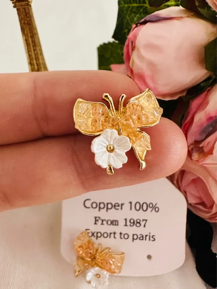 🦋Boucles d’oreilles papillons & fleurs – pierre orange, fait main, haute qualité - photo numéro 5