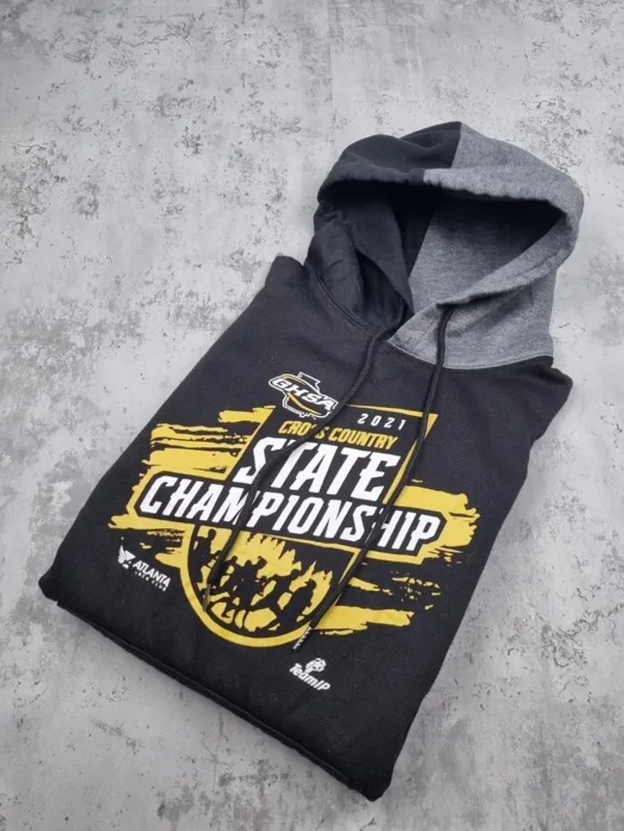 Pull à capuche universitaire noir & gris – Taille L Homme (mesures en photos)