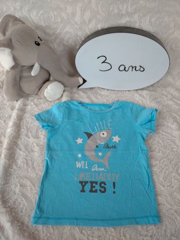 Tee shirt chemise manches courtes Garçon 3 ans Requin Papa Little shark grow like Daddy In Extenso