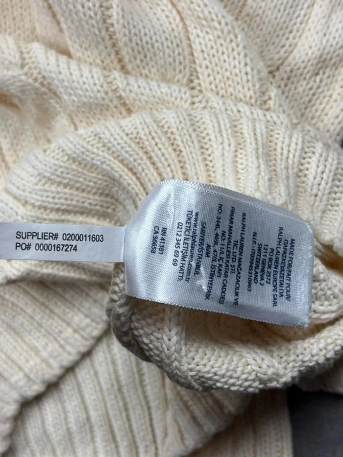 Pull d’hiver torsadé en maille pima Cotton blanc crème logo bleu marine col V taille M femme - photo numéro 11