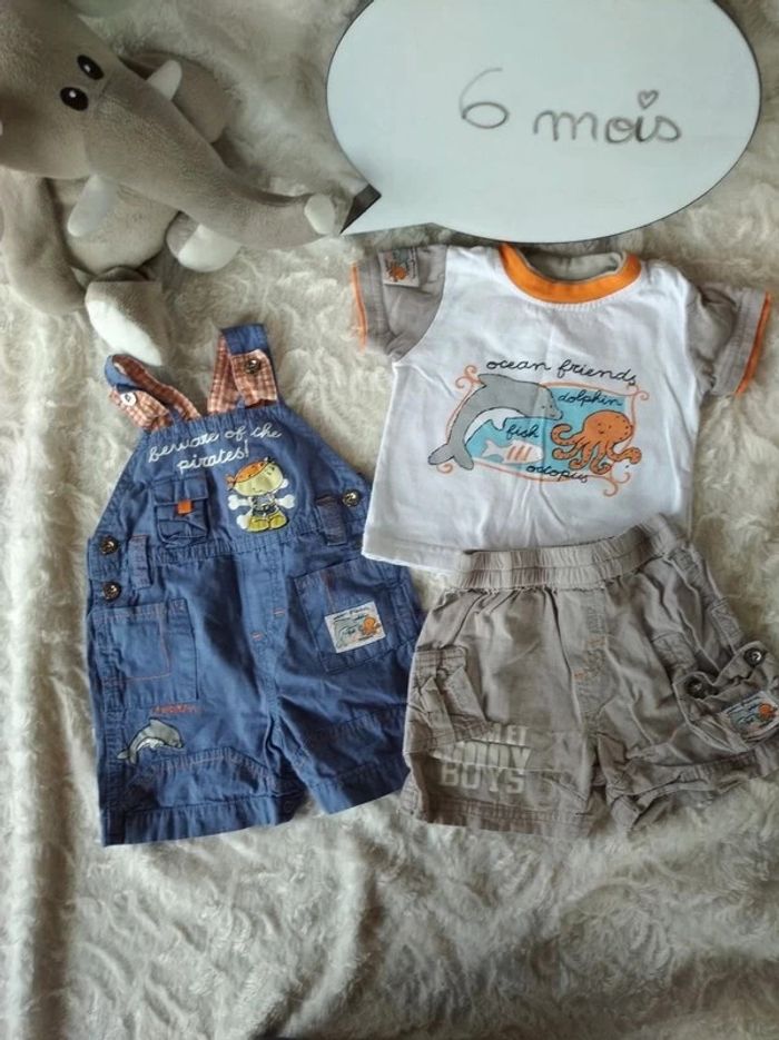 Ensemble (tee shirt+salopette+short) Garçon 6 mois dauphin pieuvre "ocean friends" 100% coton - photo numéro 2