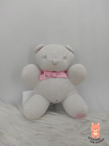 Mini Doudou Ours Blanc ruban rose Ralph Lauren