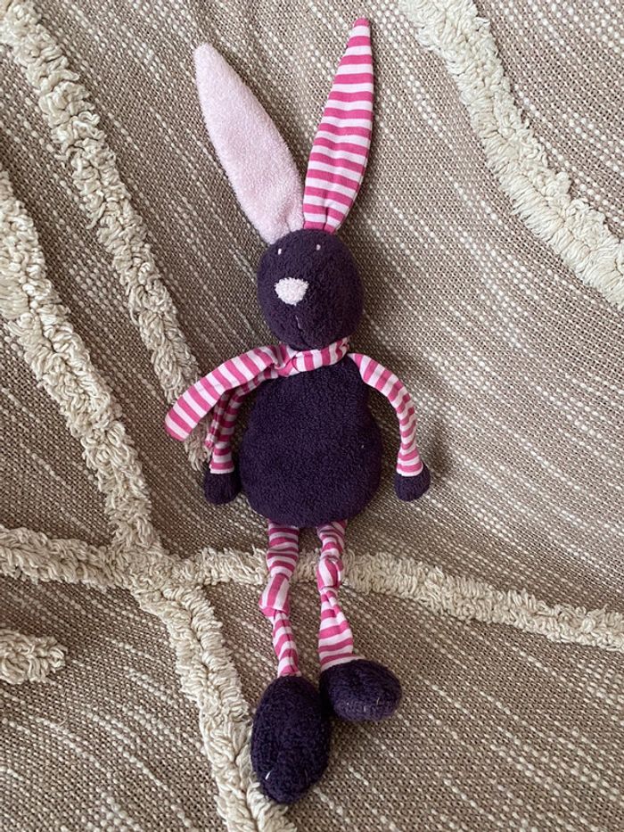 Peluche doudou 34cm bout’chou lapin violet et rose rayé très bon état