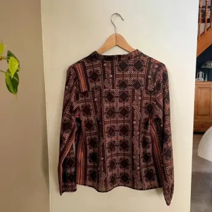 Blouse fluide imprimé ethnique noir et camel Chattawak – taille M, col tunisien V041 - photo numéro 5