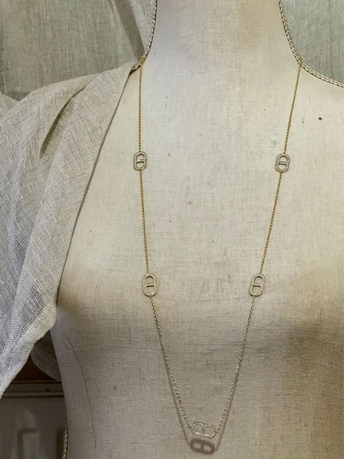 Collier sautoir réglable acier inoxydable or maillons farandole cristaux - photo numéro 2