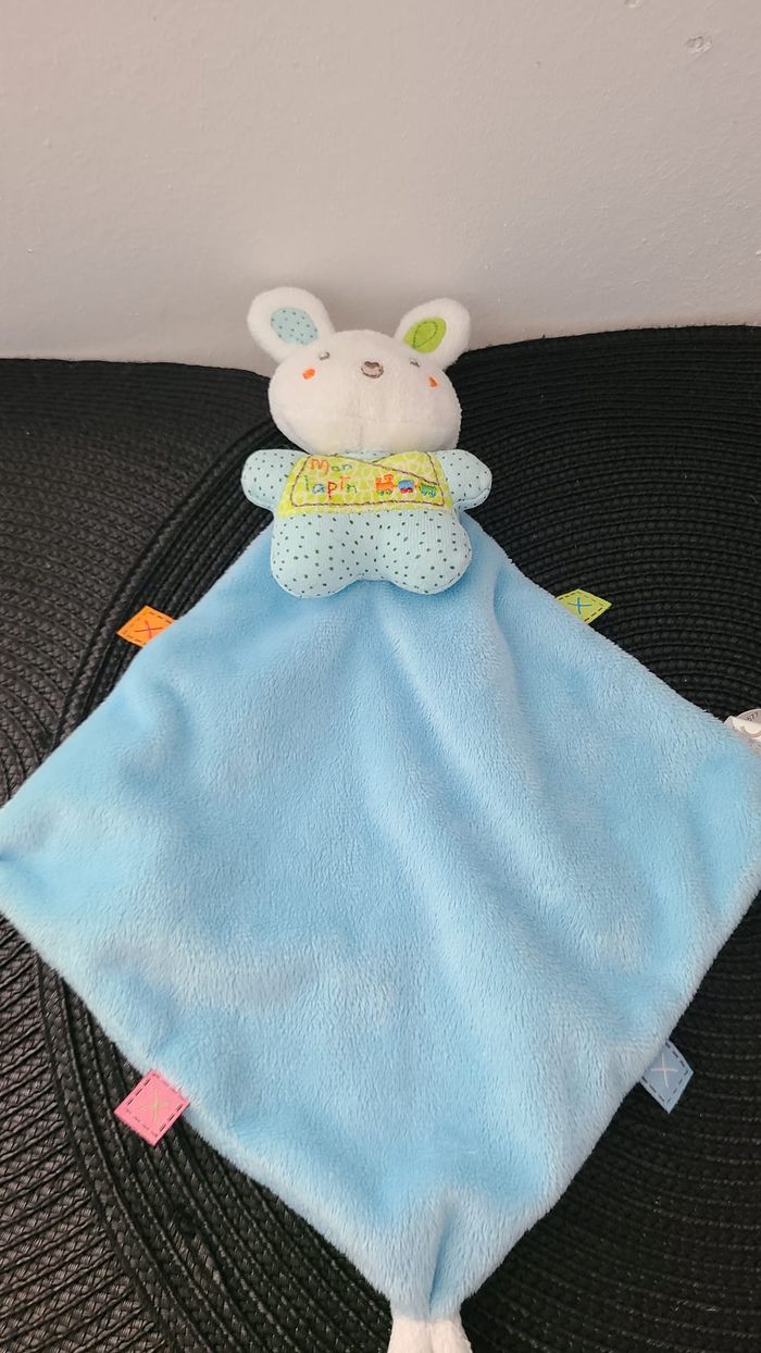 Doudou plat mon lapin NICOTOY bleu losange 3 noeuds - photo numéro 2