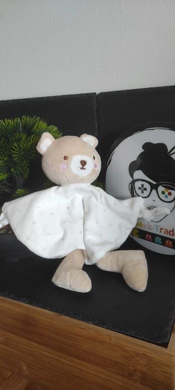 doudou ours plat ours beige demi lune blanc Pois gris point noeud tom & Kiddy