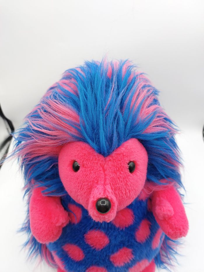Peluche Vintage ancien doudou hérisson AJENA longs poils bleu rose pois 33 cm - photo numéro 8