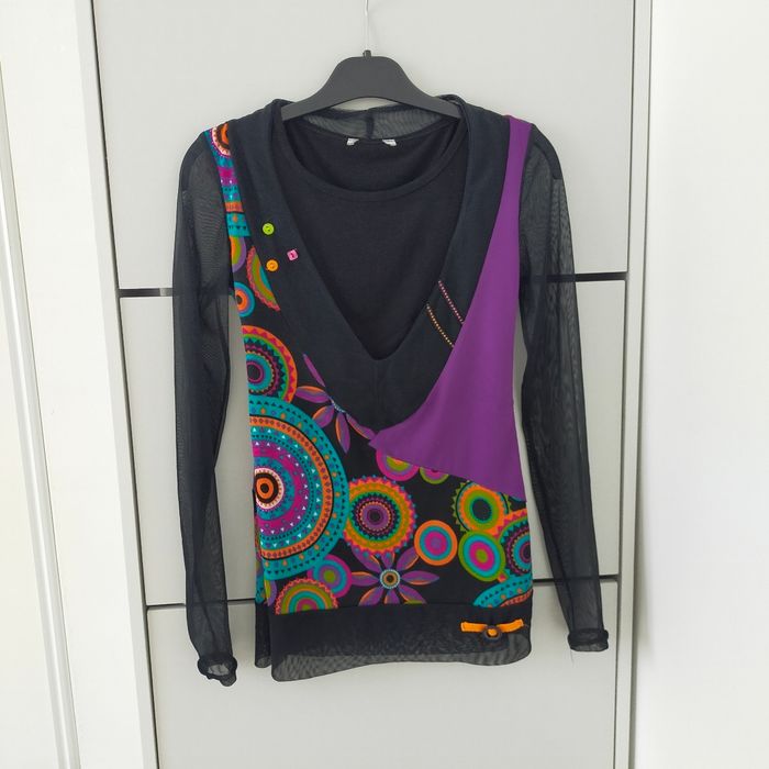 Pull 2 en 1 femme ethnique taille 36 multicolore noir violet orange bleu
