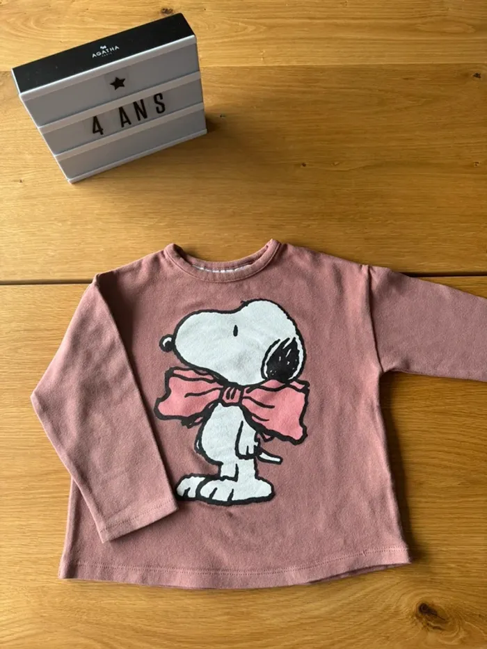 Teeshirt vieux rose ML coton épais avec Droppy/Peanuts - Taille 4 Ans