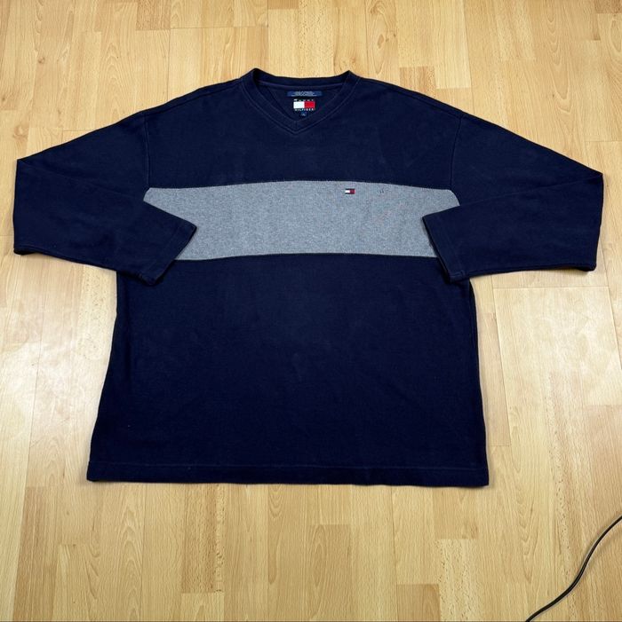 Pull Tommy Hilfiger bleu marine / bande grise – Taille L - photo numéro 2
