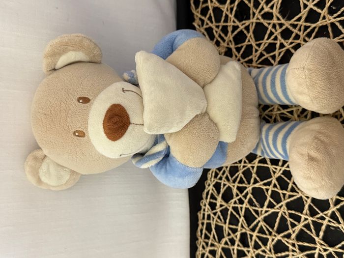 Doudou Ours Musical Beige et Bleu Pommette