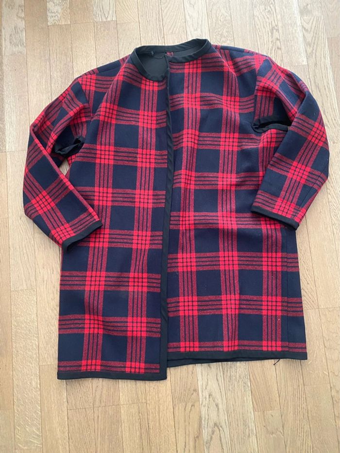 Veste longue à carreaux rouge et noir taille L - photo numéro 2