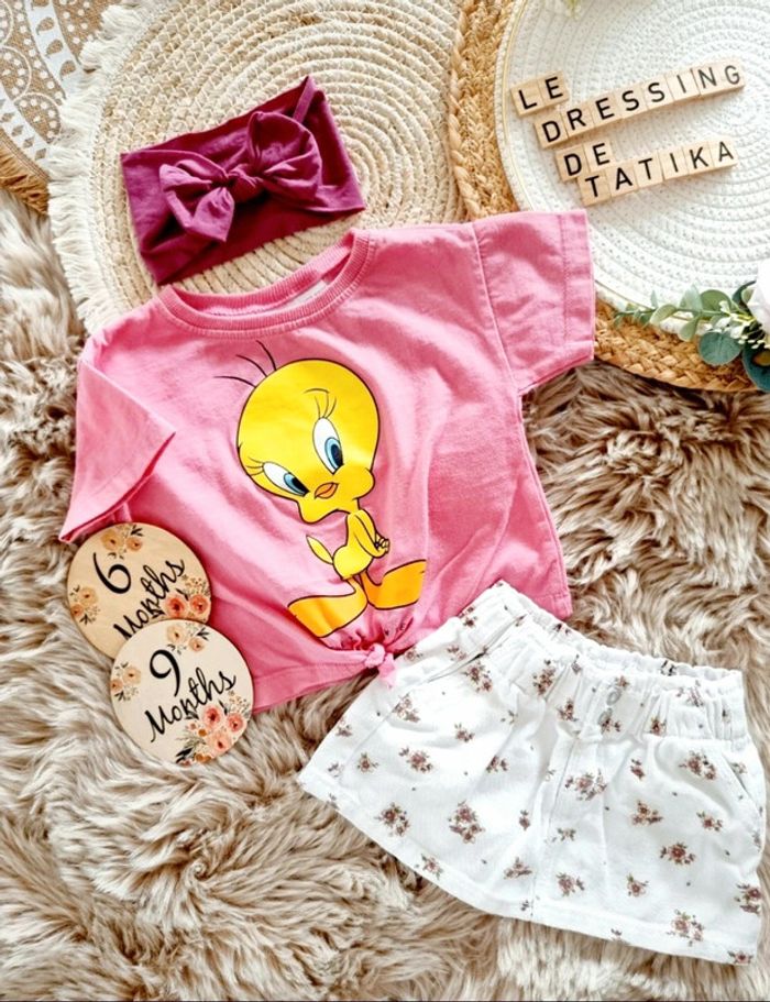 Ensemble jupe fleurie tee-shirt Titi gros minet + bandeau Zara 6-9mois fille