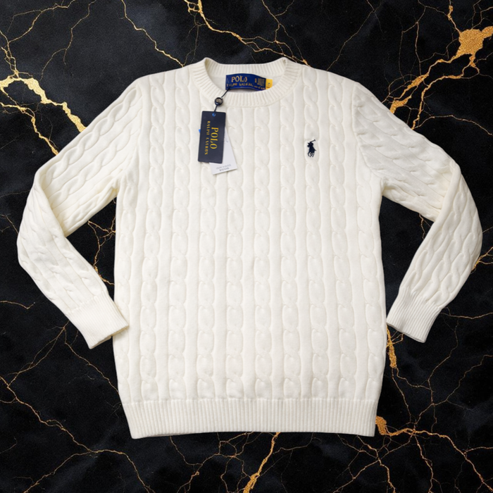Pull torsadé à col rond Ralph Lauren - Taille M - Blanc logo brodé noir - Neuf - photo numéro 2