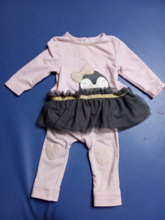 Robe- pantalon combinaison , ensemble bébé fille pingouin rose, gris, tulle orchestra, hiver, 6 mois