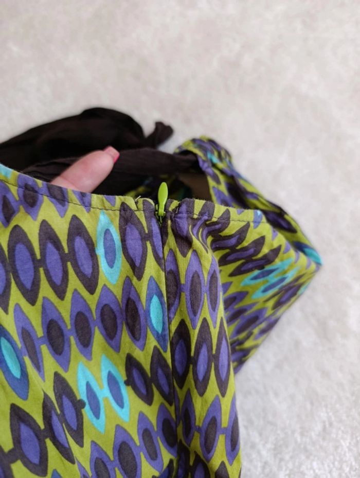 Robe d'été Chattawak 40 violet, marron et vert style hippie 70's 100% coton avec volants - photo numéro 7