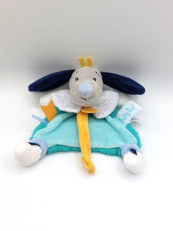 Doudou plat chien gris bleu Pépin BABY NAT BN0446 vert attache tétine jaune comme neuf