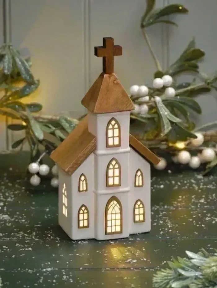 Jolie église lumineuse en céramique et en bois avec éclairage led - NEUVE - photo numéro 3