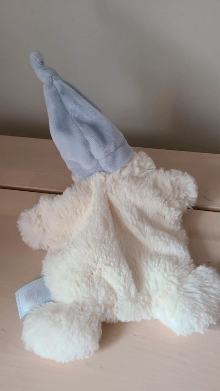 DOUDOU PLAT OURS BABY NAT' LES CÂLINS BLANC BLEU BONNET 18 CM - photo numéro 4
