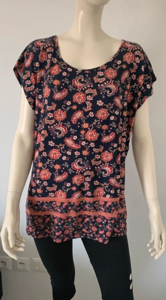 Top tunique vintage imprimée manches courtes Camaïeu taille L ou 40/42